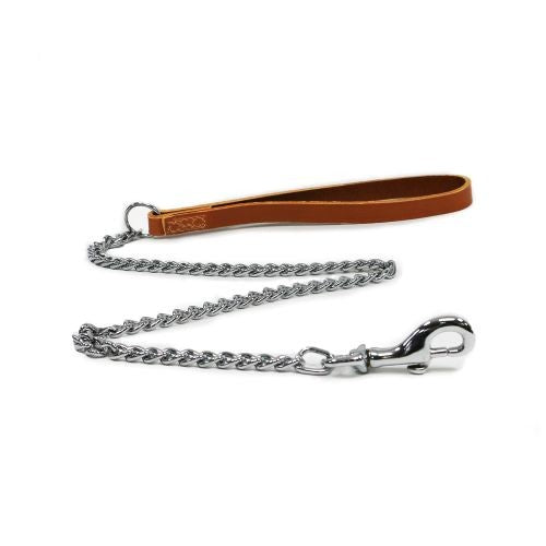 Ancol Medium Chain Dog Lead with Tan Leather Handle 32in